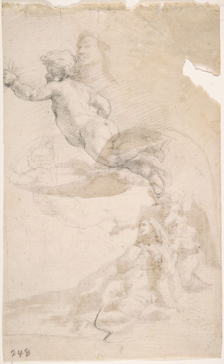Saint in Ecstasy; Study of Saint's Head (recto); Sketches of Putti (verso), Anonymous, Italian, Roman-Bolognese, 17th century, Pen and brown ink, brush and brown wash, over red chalk on cream paper (recto). Framing outline in pen and brown ink. Black chalk (verso)