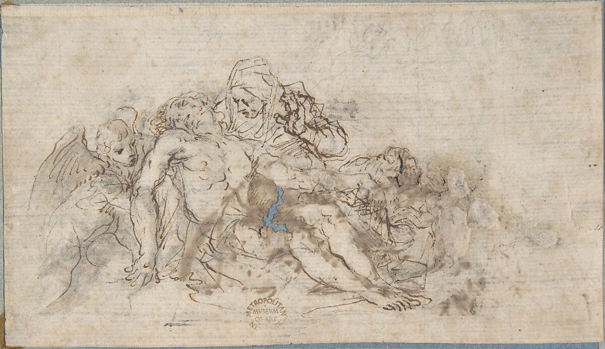 Pietà, Anonymous, Italian, Bolognese, 17th century, Pen and brown ink, brush and brown wash, over traces of charcoal on light brown paper 