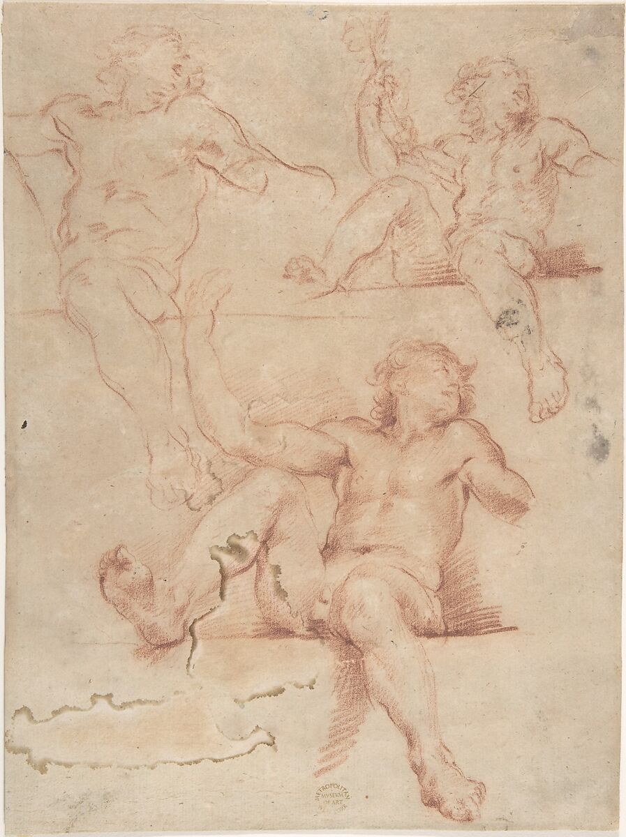 Three Studies of Seated Nude Male with Raised Arm, Seen from Below., Anonymous, Italian, Bolognese, 17th century, Red chalk, on light brown paper. Partly reworked with red crayon 