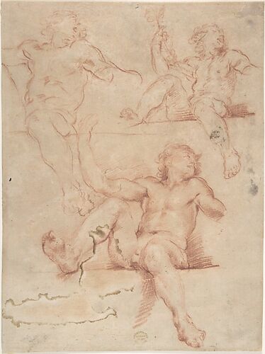 Three Studies of Seated Nude Male with Raised Arm, Seen from Below.