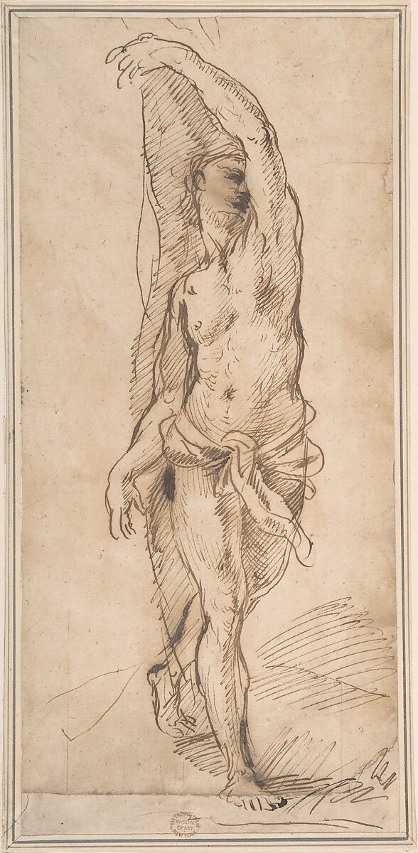 Nude Figure (Saint Sebastian?), Anonymous, Italian, Roman-Bolognese, 17th century, Pen and brown ink on cream paper. Ruled vertical lines in black chalk 