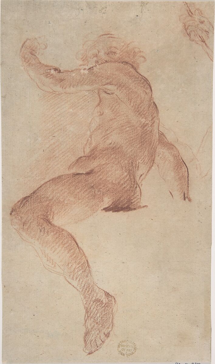 Seated Nude Male in Profile View Facing Left with Arm Raised; Fragment of Study of Right Hand, Anonymous, Italian, Bolognese, 17th century, Red chalk on light brown paper. Partly reworked with red crayon 