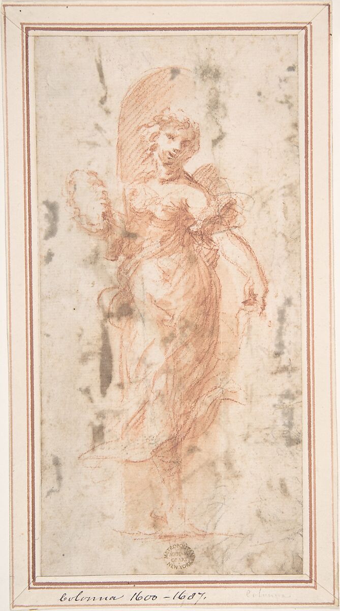 Allegorical Figure with Wreath, Anonymous, Italian, Roman-Bolognese, 17th century, Red and black chalk and red wash on cream paper 