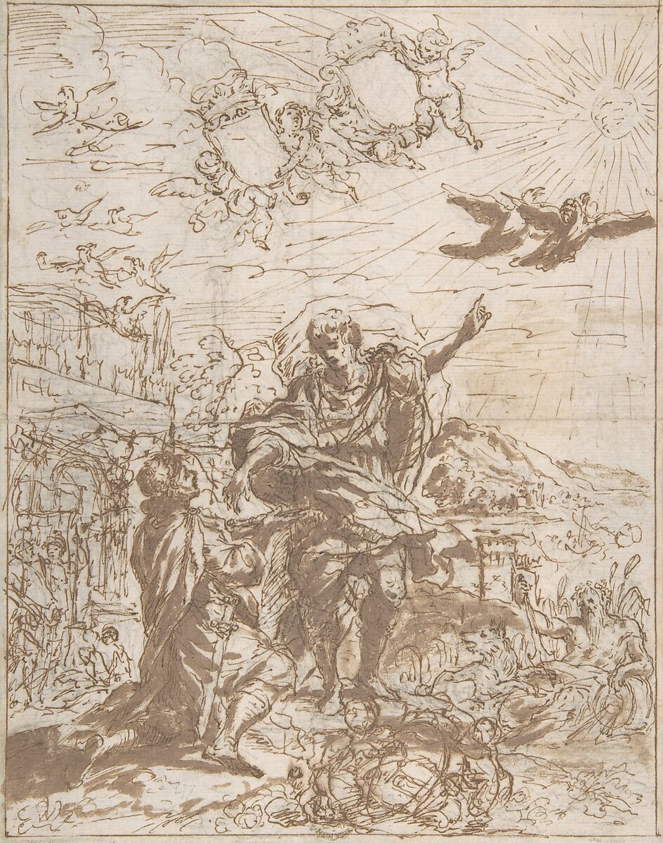 Romulus Receiving the Augury, Anonymous, Italian, Roman-Bolognese, 17th century, Pen and brown ink, brush and brown wash over black chalk on cream paper; framing lines in pen and brown ink 