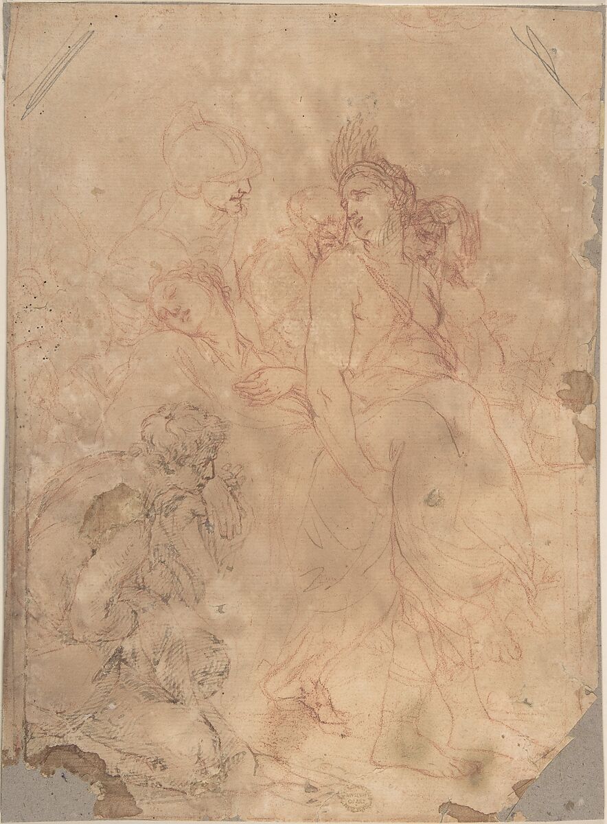 Figures Carrying a Fainting (or Dead) Woman, Anonymous, Italian, Roman-Bolognese, 17th century, Red chalk, pen and brown ink, on light brown paper 