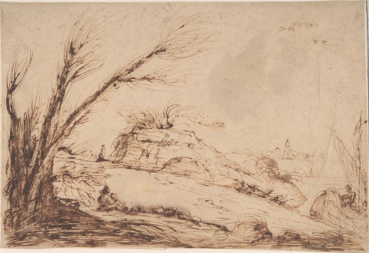 Landscape with Figures, Anonymous, Italian, Roman-Bolognese, 17th century, Pen and brown ink on light brown paper 