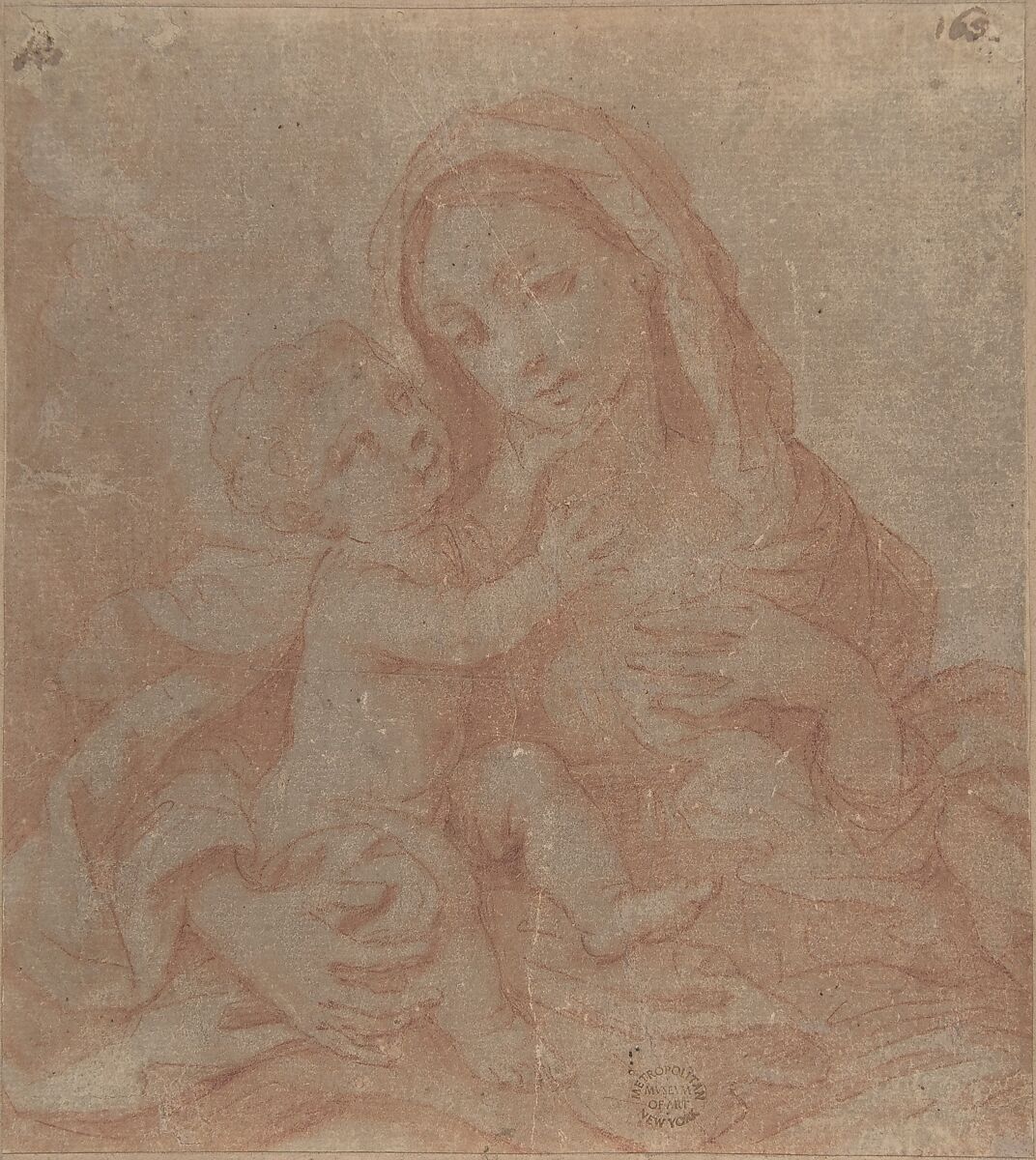 Madonna and Child, Anonymous, Italian, Roman-Bolognese, 17th century, Red chalk on cream paper, darkened to gray. Reworked counterproof? 