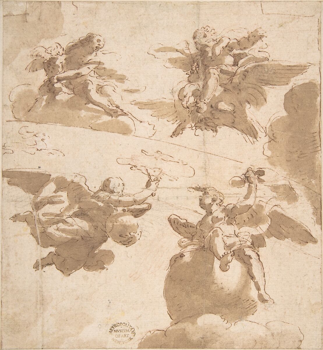 Studies of Figures on Clouds, Anonymous, Italian, Roman-Bolognese, 17th century, Pen and brown ink, brush and brown wash, over traces of black and red chalk on light brown paper. Fragments of framing outlines visible at left, right, and upper edges 