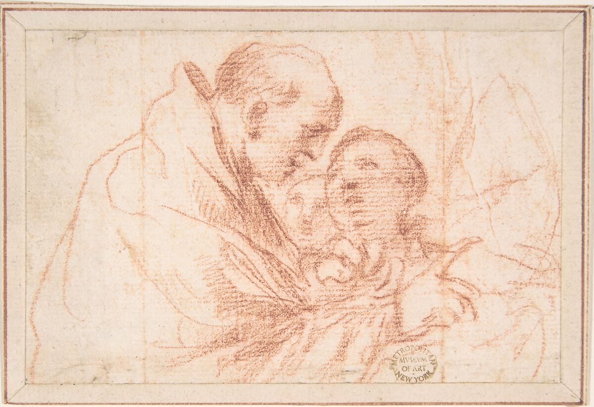 Man and Boys, Anonymous, Italian, Roman-Bolognese, 17th century, Red chalk on cream paper 