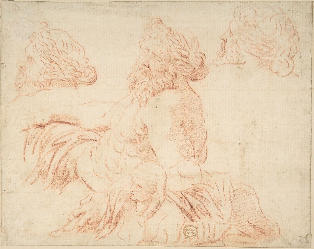 Study from a Statue of a River God, Anonymous, Italian, Roman-Bolognese, 17th century, Red chalk on cream paper 
