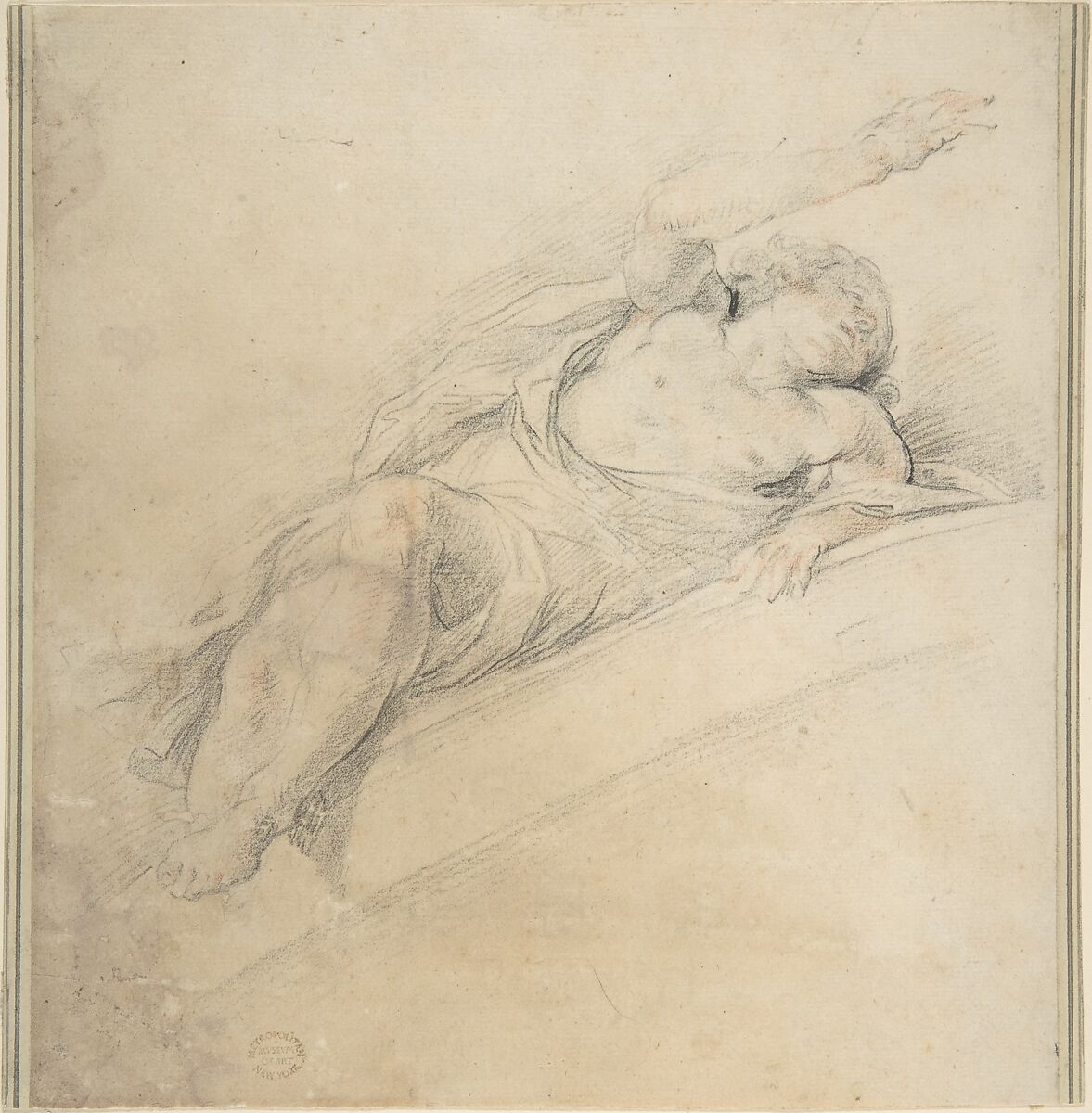 Reclining Figure, Anonymous, Italian, Roman-Bolognese, 17th century, Black and red chalk on cream paper 