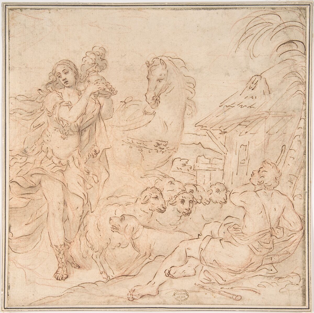 Erminia and the Shepherds (a scene from Torquato Tasso's Gerusalemme Liberata), Anonymous, Italian, 17th century, Pen and brown ink, brush and brown wash, over red chalk on light tan paper 
