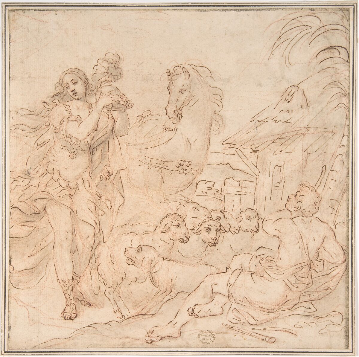 Erminia and the Shepherds (a scene from Torquato Tasso's Gerusalemme Liberata), Anonymous, Italian, 17th century, Pen and brown ink, brush and brown wash, over red chalk on light tan paper