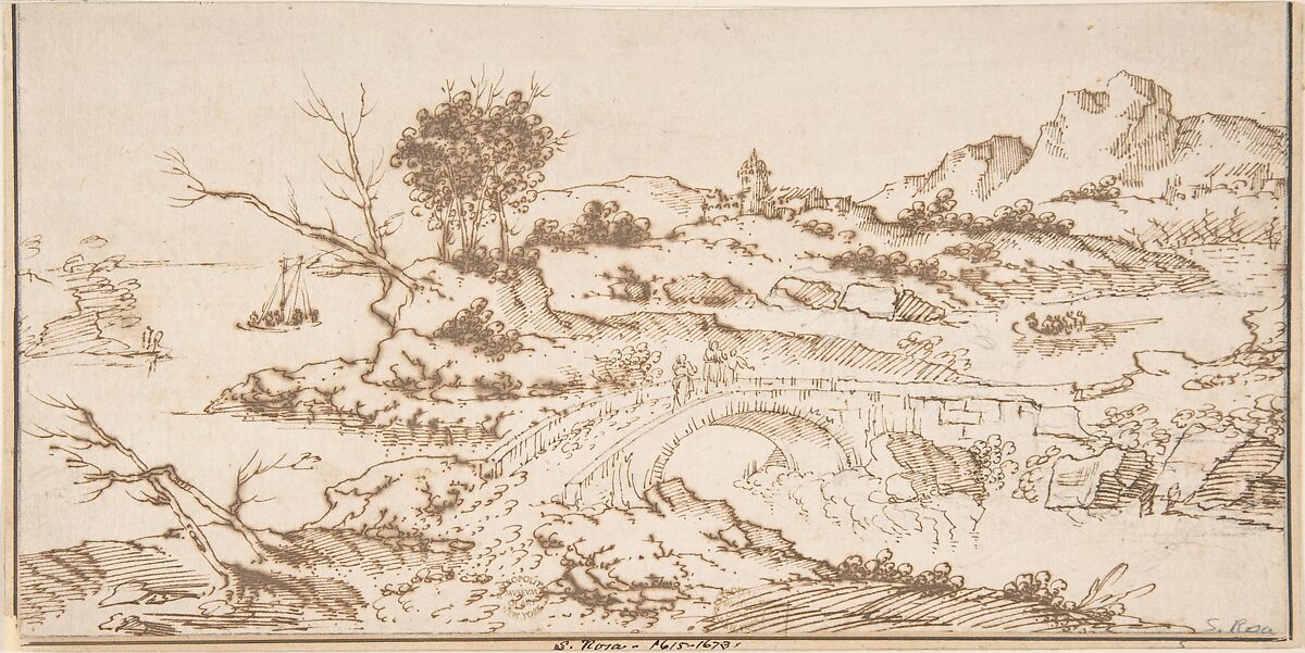 Landscape With Figures Crossing a Bridge, Anonymous, Italian, Roman-Bolognese, 17th century, Pen and brown ink over black chalk on cream paper. Ruled framing outline in black chalk? along left, right and bottom edge 