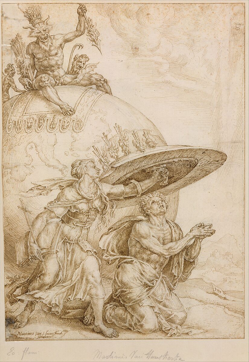 Man Protected by the Shield of Faith, Maarten van Heemskerck (Netherlandish, Heemskerck 1498–1574 Haarlem), Pen and brown ink, over traces of black chalk; indented for transfer; framing lines in pen and brown ink