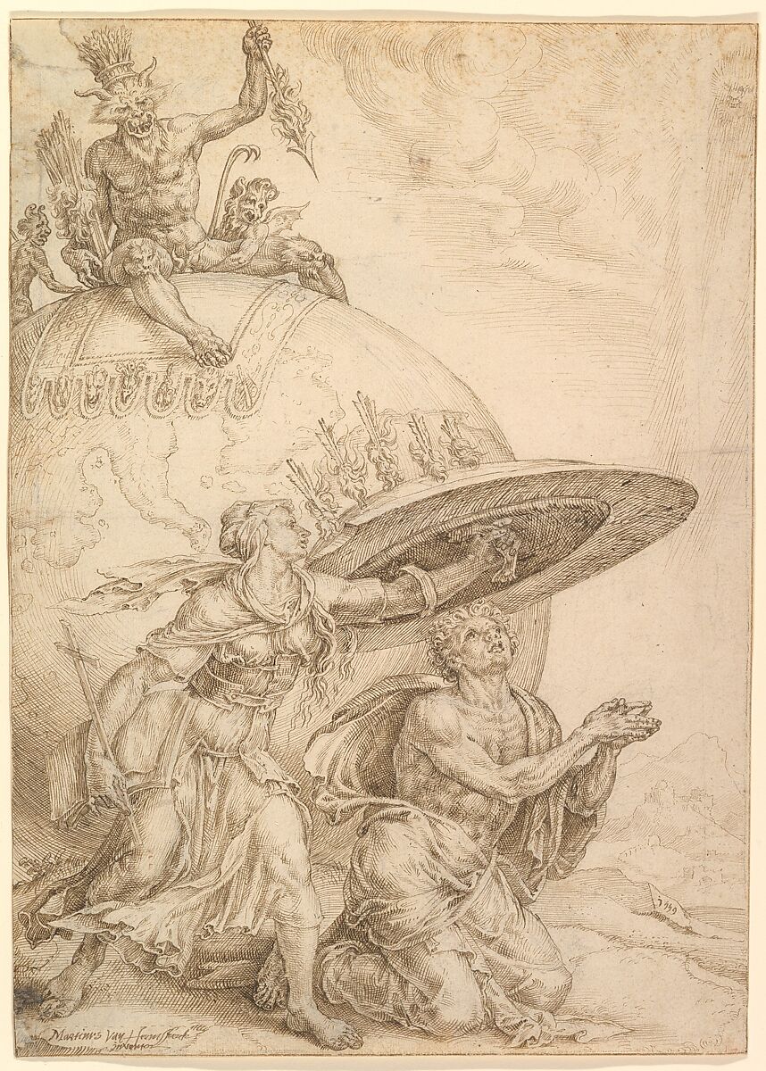 Man Protected by the Shield of Faith, Maarten van Heemskerck (Netherlandish, Heemskerck 1498–1574 Haarlem), Pen and brown ink, over traces of black chalk; indented for transfer; framing lines in pen and brown ink 