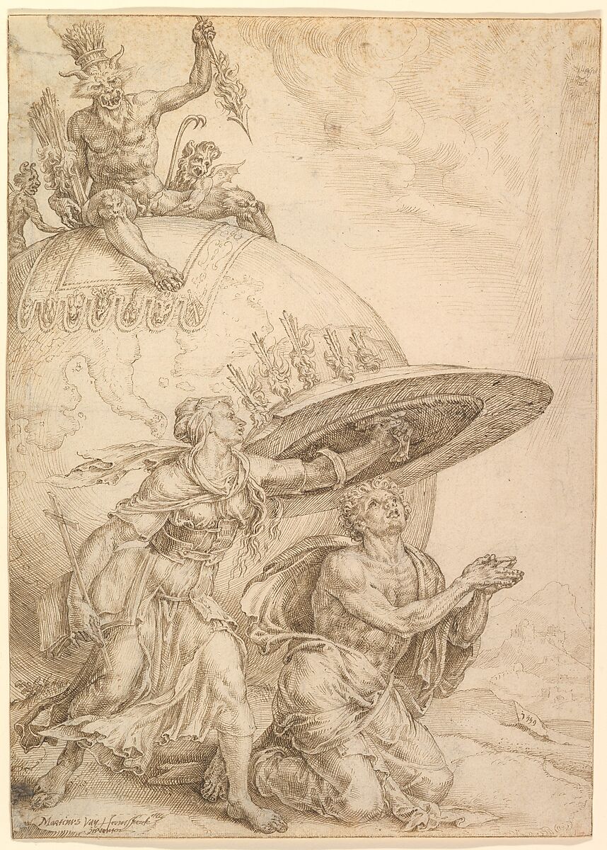 Man Protected by the Shield of Faith, Maarten van Heemskerck  Netherlandish, Pen and brown ink, over traces of black chalk; indented for transfer; framing lines in pen and brown ink