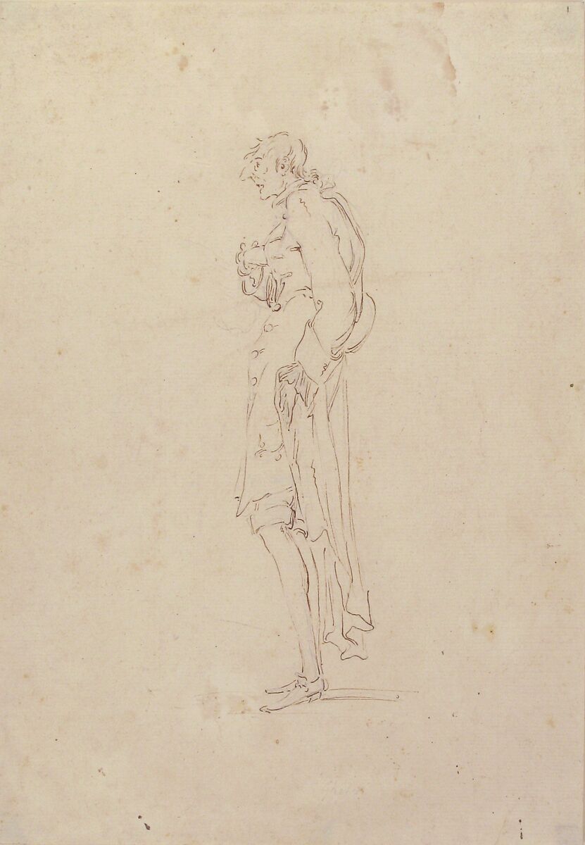 Sketched Caricature of a Standing Man Facing Left, attributed to Pier Leone Ghezzi (Italian, Comunanza near Ascoli Piceno 1674–1755 Rome), Pen and brown ink over traces of graphite