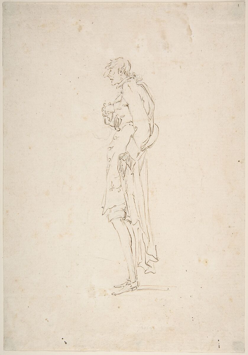 Sketched Caricature of a Standing Man Facing Left, attributed to Pier Leone Ghezzi (Italian, Comunanza near Ascoli Piceno 1674–1755 Rome), Pen and brown ink over traces of graphite 