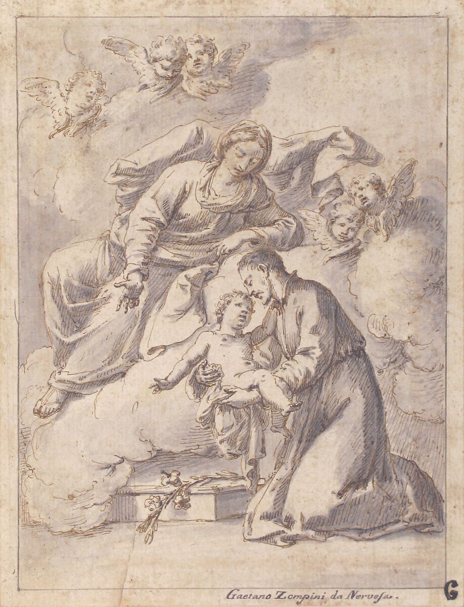 Saint Cajetan of Thiene Holding the Infant Jesus, Gaetano Gherardo Zompini (Italian, Nervesa, near Treviso 1700–1778 Venice), Pen and brown ink, brush and gray wash; framing lines in pen and gray ink