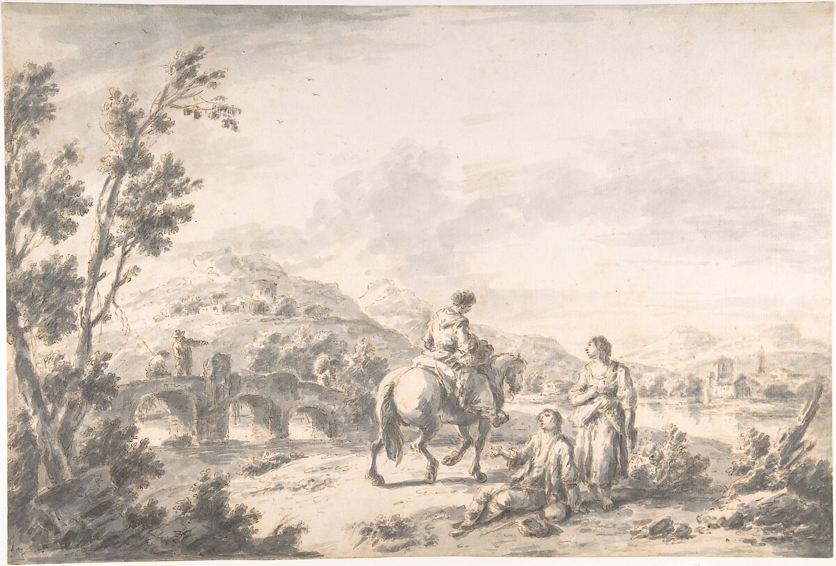 River Landscape with Two Mendicants and Other Figures, Attributed to Giuseppe Zais (Italian, Forno di Canale near Belluno 1709–1781 Belluno), Pen and brown ink, brush and gray wash. Traces of framing lines in pen and brown ink (?) along lower border 
