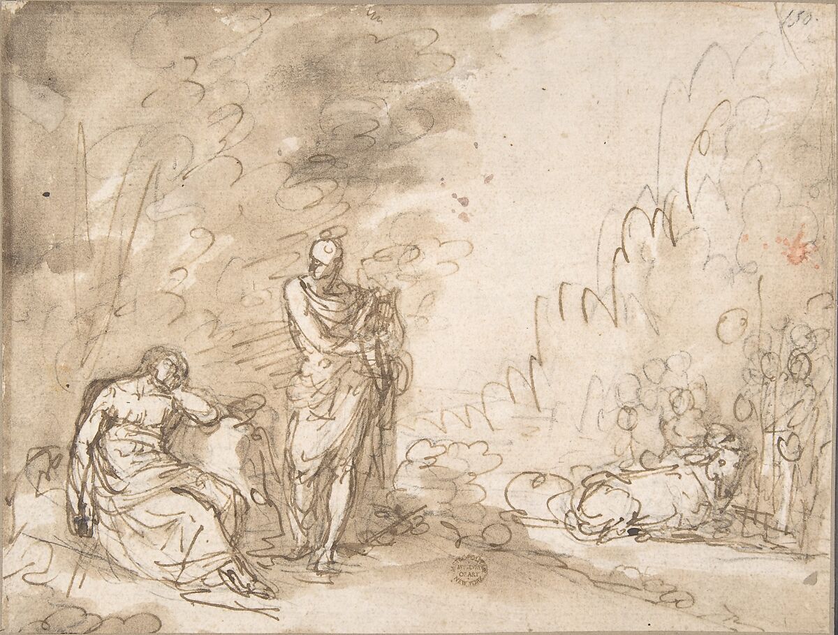 Scene with Apollo? Orpheus?, Anonymous, Italian, Roman-Bolognese, 17th century, Pen and brown ink, brush and brown wash over black chalk on cream paper 