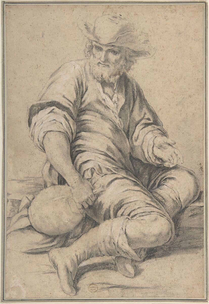 Seated Man Holding a Jug, Anonymous, Italian, Roman-Bolognese, 17th century, Black chalk highlighted with white chalk on light brown paper 