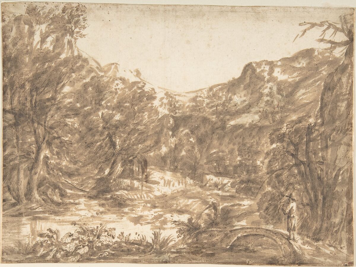 Landscape with Figure Standing on a Bridge, Anonymous, Italian, Roman-Bolognese, 17th century, Pen and brown ink, brush and brown wash over traces of black chalk on cream paper 