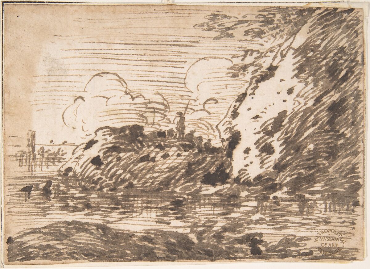 Landscape, Anonymous, Italian, Roman-Bolognese, 17th century, Pen and brown ink on cream paper 