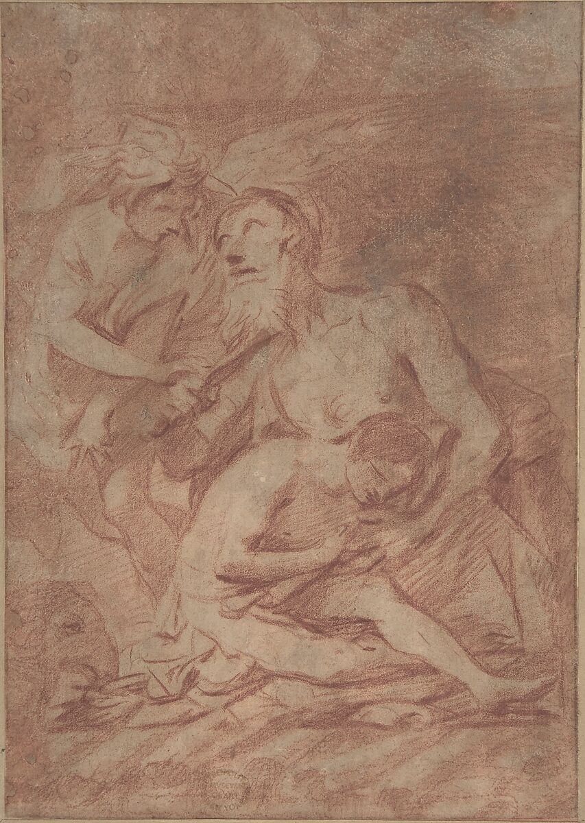 Sacrifice of Isaac, Anonymous, Italian, Roman-Bolognese, 17th century, Red chalk on light brown paper 