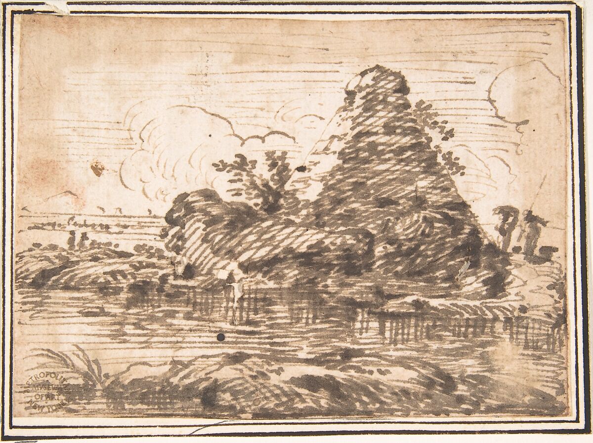 Landscape, Anonymous, Italian, Roman-Bolognese, 17th century, Pen and brown ink on cream paper 