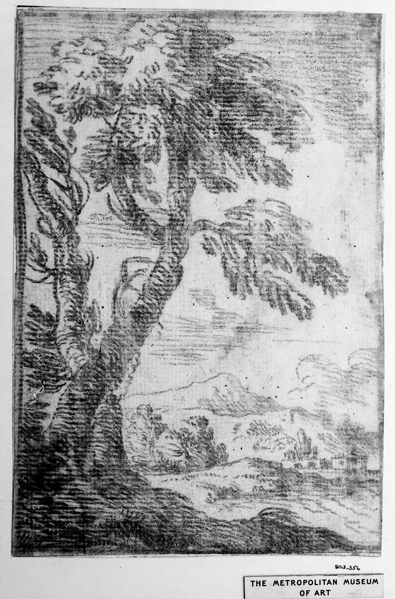 Distant Landscape with Tree in Foreground, Attributed to Aureliano Milani (Italian, Bologna 1675–1749 Bologna), Counterproof. Red chalk on cream paper. Framing outline in red chalk