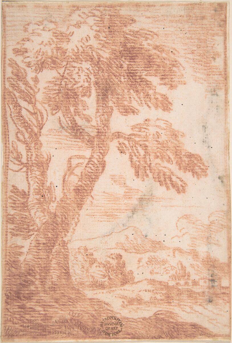 Distant Landscape with Tree in Foreground, Attributed to Aureliano Milani (Italian, Bologna 1675–1749 Bologna), Counterproof. Red chalk on cream paper. Framing outline in red chalk 