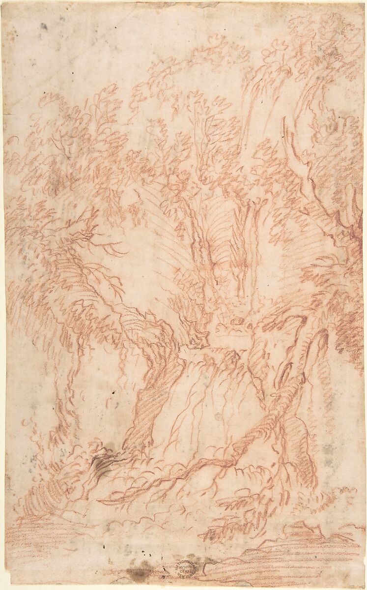 Trees and Rocks, Anonymous, Italian, Roman-Bolognese, 17th century, Red chalk on light tan paper. Fragments of red chalk framing outline 