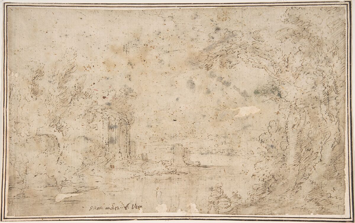 Landscape with Ruins, Anonymous, Italian, Roman-Bolognese, 17th century, Pen and brown ink, brush and brown wash, on light tan paper 