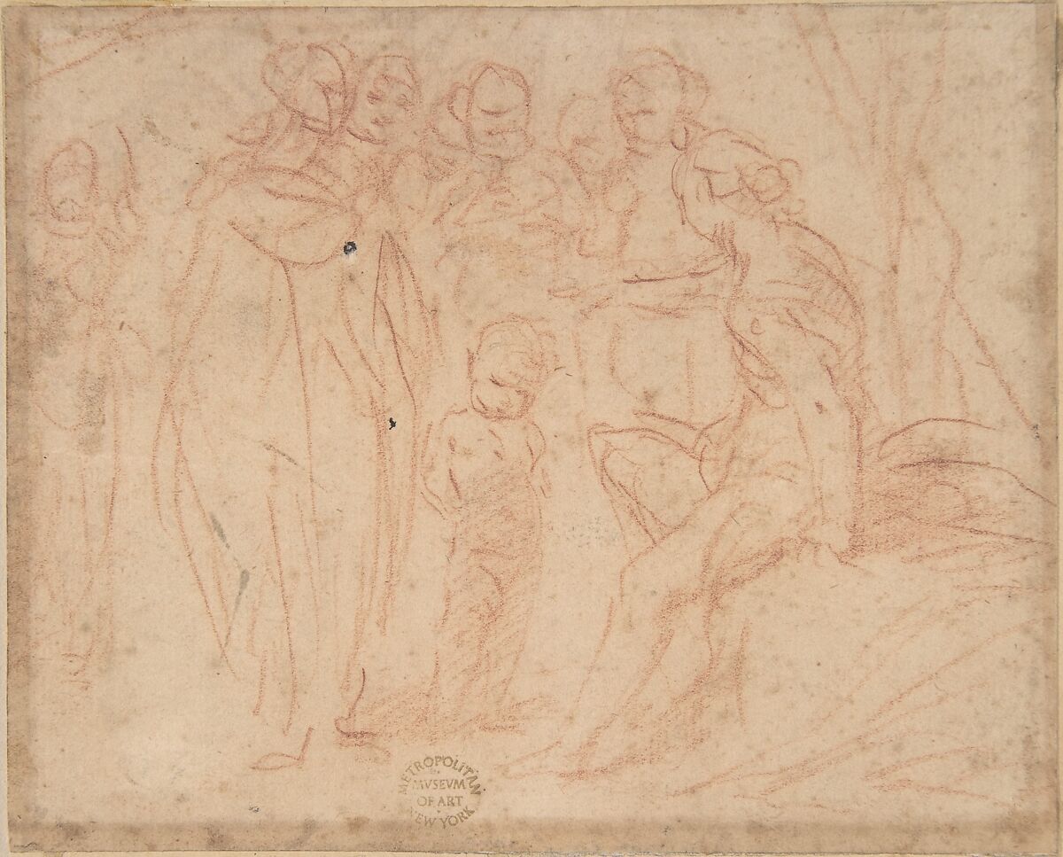 Diana and Attendants?, Anonymous, Italian, Roman-Bolognese, 17th century, Red chalk on light brown paper 
