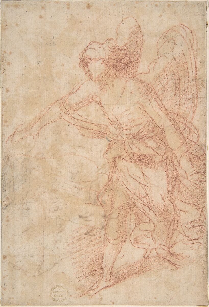 An Angel, Anonymous, Italian, Roman-Bolognese, 17th century, Red chalk on light tan paper 