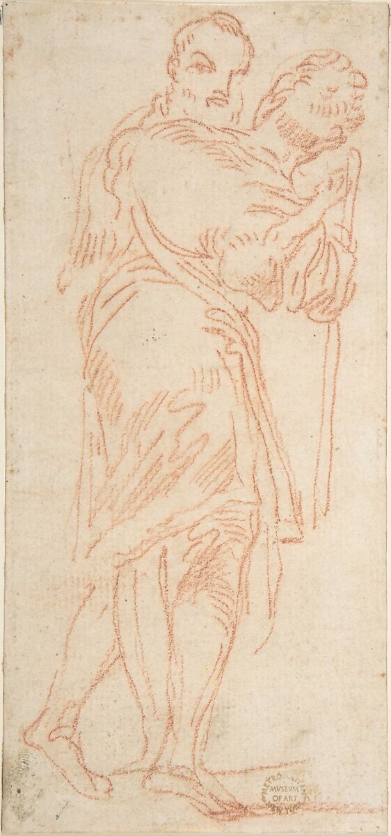 Two Standing Men, One Carrying a Lamb, Anonymous, Italian, Roman-Bolognese, 17th century, Red chalk on light tan laid paper 