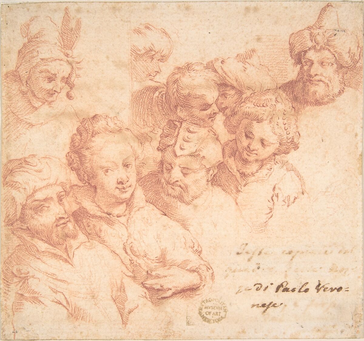 Nine heads after Paolo Veronese, Anonymous, Italian, Roman-Bolognese, 17th century, Red chalk on light tan paper 
