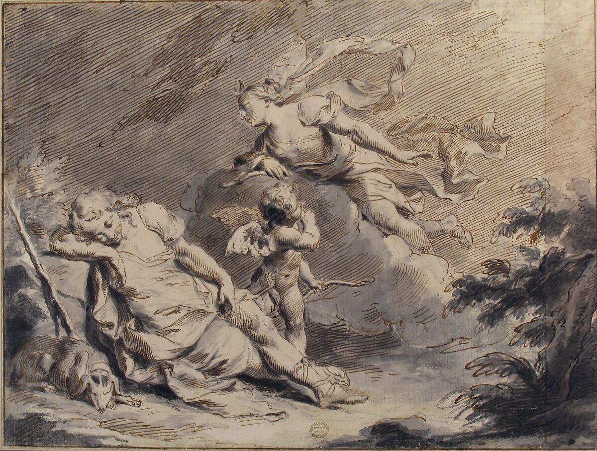 Diana Visiting the Sleeping Endymion, Pietro Antonio Novelli (Italian, Venice 1729–1804 Venice), Pen and brown ink, brush and gray wash, over black chalk; framing lines in pen and brown ink