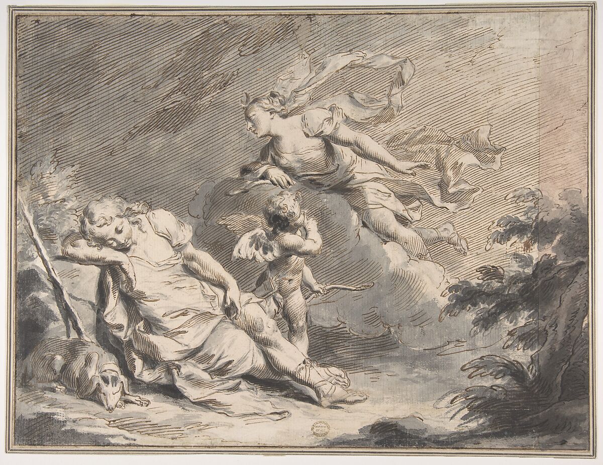 Diana Visiting the Sleeping Endymion, Pietro Antonio Novelli (Italian, Venice 1729–1804 Venice), Pen and brown ink, brush and gray wash, over black chalk.  Framing lines in pen and brown ink 