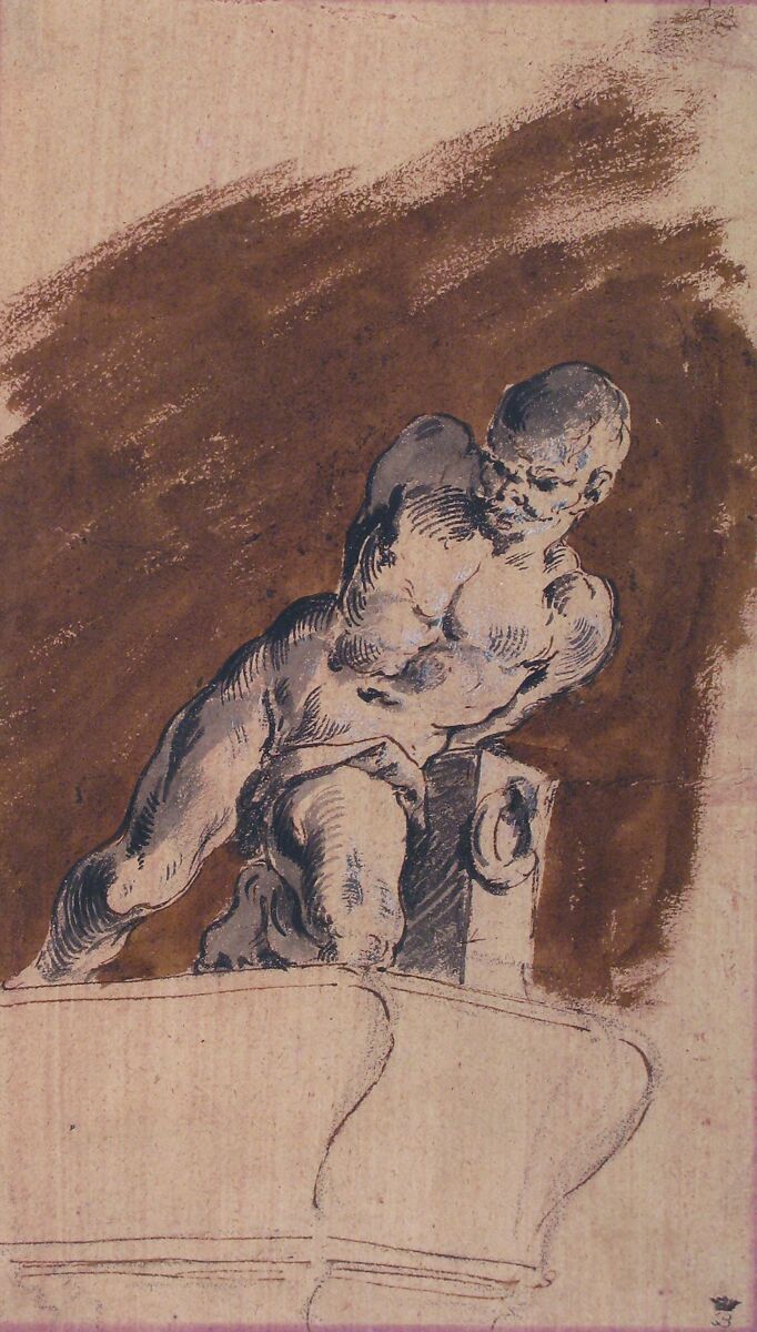 Chained Nude Prisoner, after Pietro Tacca, Pietro Antonio Novelli (Italian, Venice 1729–1804 Venice), Pen and black ink, brush with brown, gray, and black wash, highlighted with white gouache, over black chalk, on violet prepared paper faded to light pink