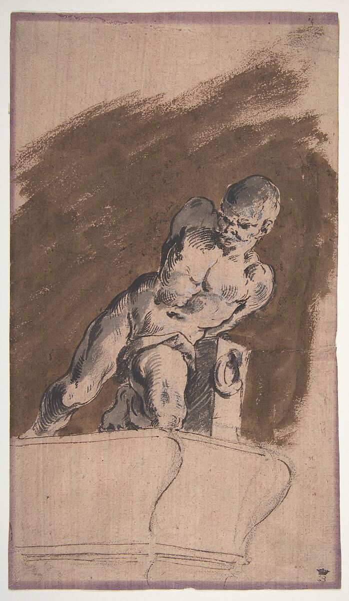 Chained Nude Prisoner, after Pietro Tacca, Pietro Antonio Novelli (Italian, Venice 1729–1804 Venice), Pen and black ink, brush with brown, gray, and black wash, highlighted with white gouache, over black chalk, on violet prepared paper faded to light pink 