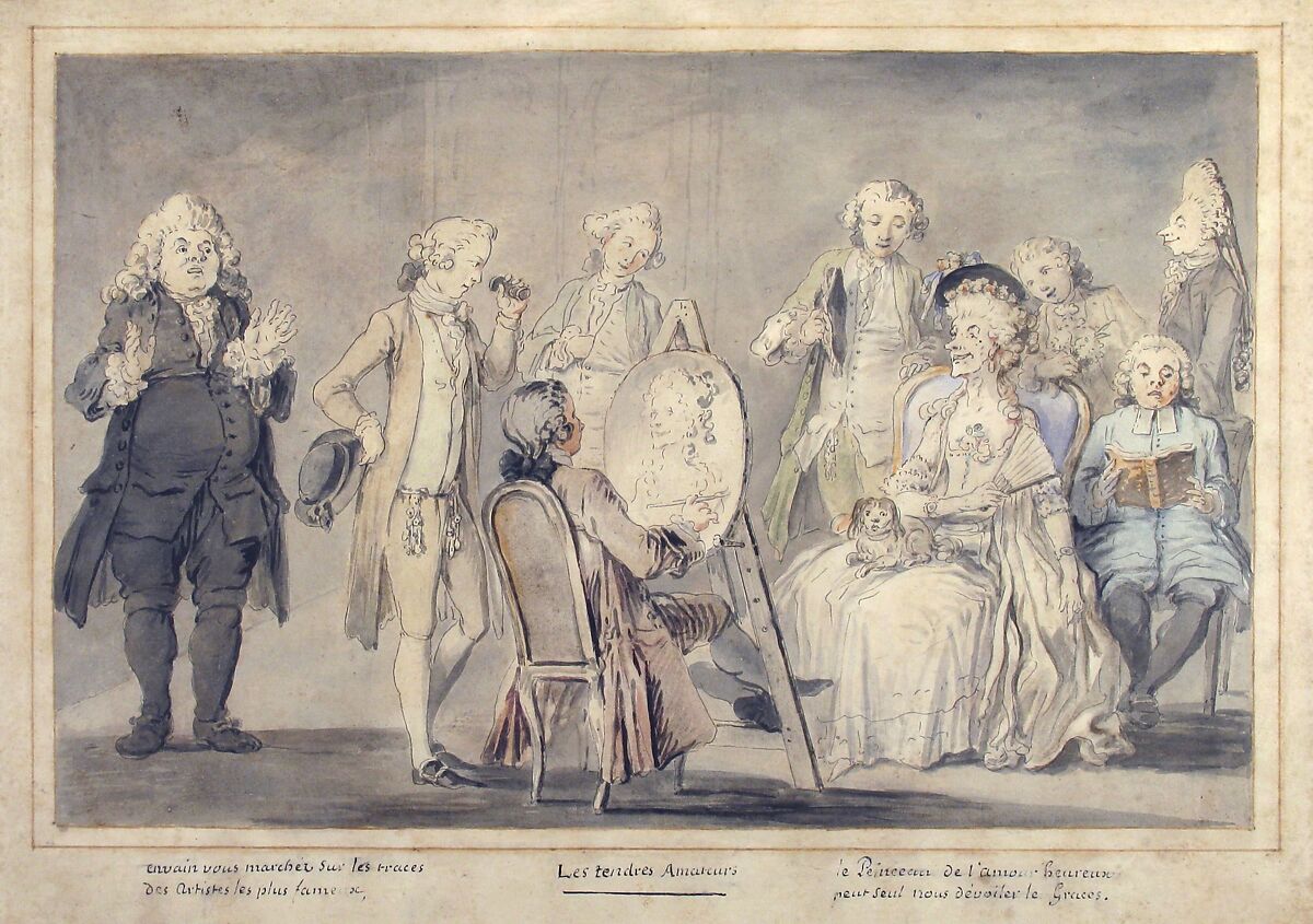 Satirical drawing:  Artist Painting an Old Lady's Portrait, attributed to Pietro Antonio Novelli (Italian, Venice 1729–1804 Venice), Pen and gray ink, brush and gray wash, and gray, brown, red, blue, yellow and green watercolor.  Framing lines in pen and brown ink