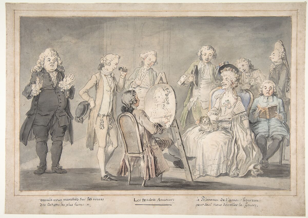 Satirical drawing:  Artist Painting an Old Lady's Portrait, attributed to Pietro Antonio Novelli (Italian, Venice 1729–1804 Venice), Pen and gray ink, brush and gray wash, and gray, brown, red, blue, yellow and green watercolor.  Framing lines in pen and brown ink 