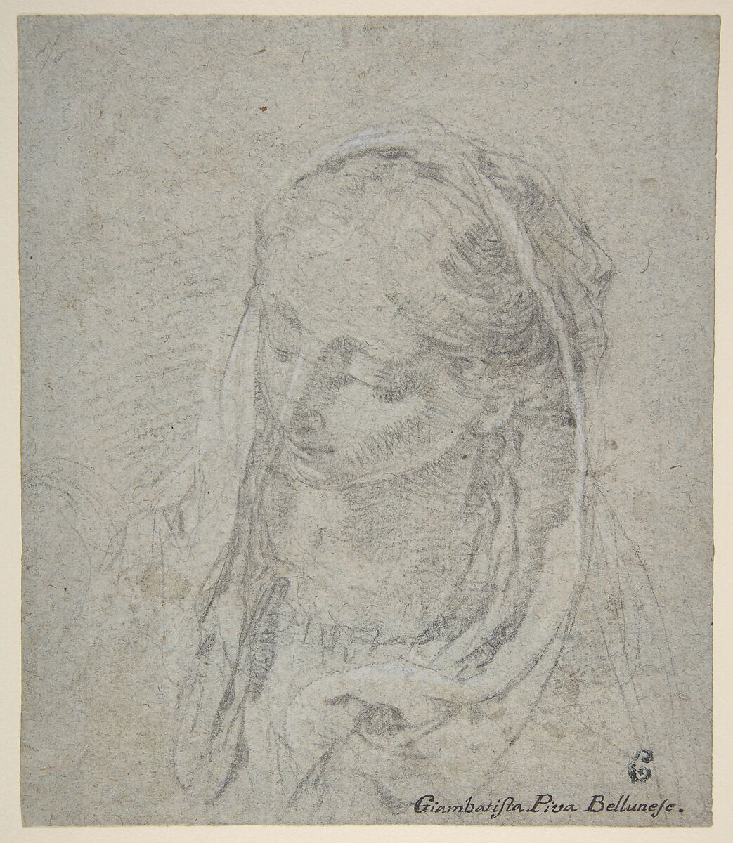 Head of a Woman, Giovanni Battista Piva (Biva) (Italian, documented Belluno, died ca. 1750), Charcoal, highlighted with white chalk, on gray-blue paper 