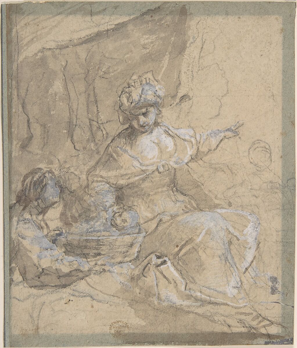 The Finding of Moses, Anonymous, Italian, Roman-Bolognese, 17th century, Brush and brown wash over black chalk, highlighted with white gouache on blue-brown paper, faded to light tan 