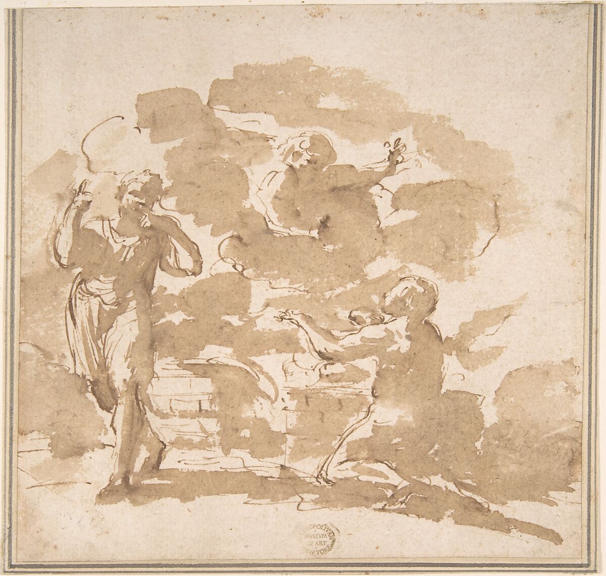 Sacrifice of Abel, Anonymous, Italian, Roman-Bolognese, 17th century, Pen and brown ink, brush and brown wash on light tan paper 