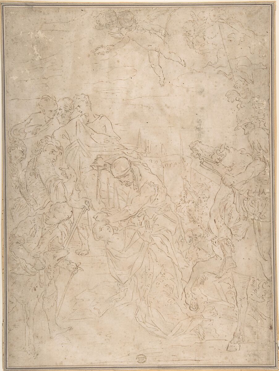 Martyrdom of a Female Saint, Anonymous, Italian, Roman-Bolognese, 17th century, Pen and brown ink over black chalk on light tan paper 