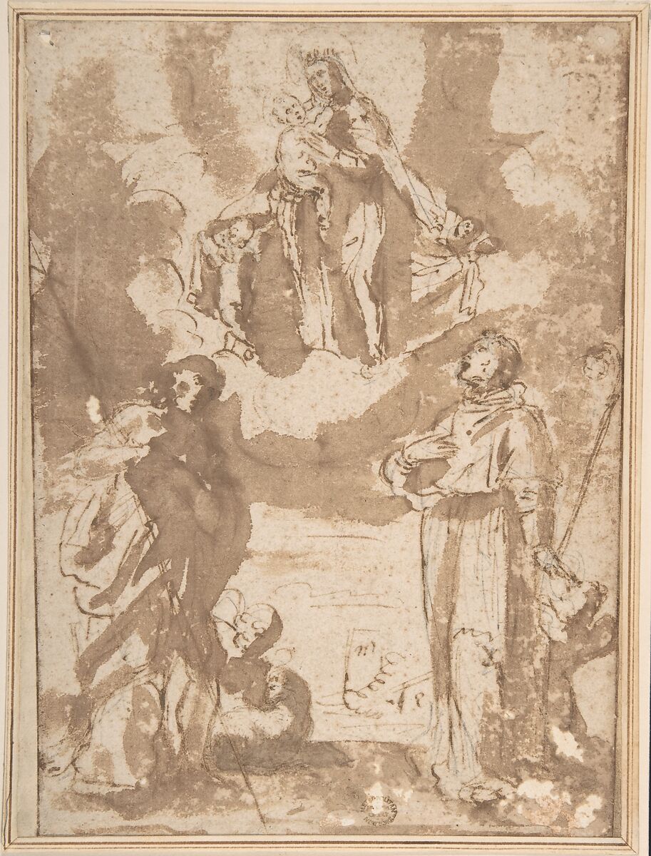 Madonna and Child with Saints, Anonymous, Italian, Roman-Bolognese, 17th century, Pen and brown ink, brush and brown wash over charcoal? on light tan paper. Fragments of framing outlines in brown ink 